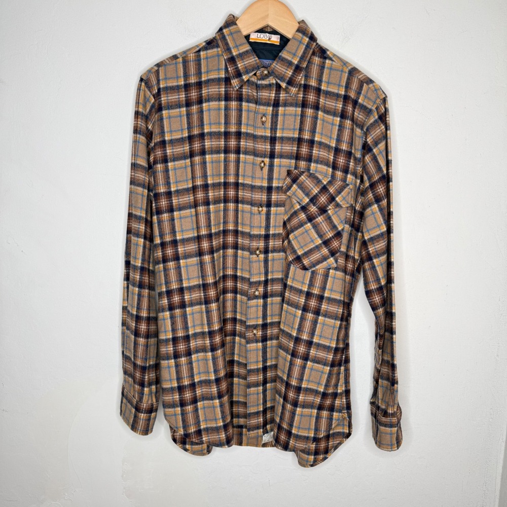 Pendleton Lobo Mens Medium Brown Plaid Wool Flannel Elbow Patch Shirt Vintage